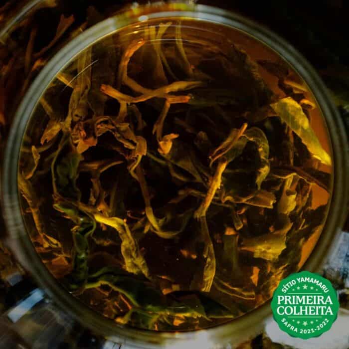 Folhas do Chá Verde Agroflorestal Sítio Yamamaru infusionadas em um bule.